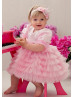 Short Sleeves Pink Satin Tulle Tiered Flower Girl Dress